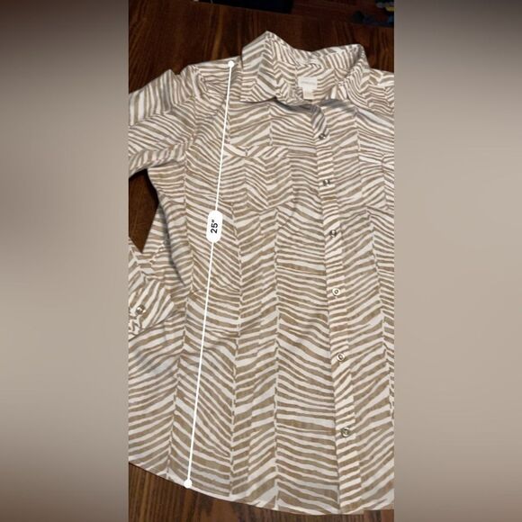 Chico’s No-Iron zebra Print Roll-Tab Sleeve Shirt White Tan size 2 Large EUC - Picture 10 of 13